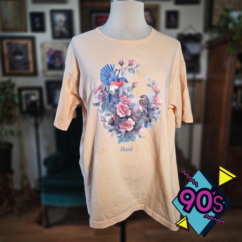 Maui Hawaii T Shirt Vintage 90s Anvil Single Stitch Bird Floral Peach Womens XL
